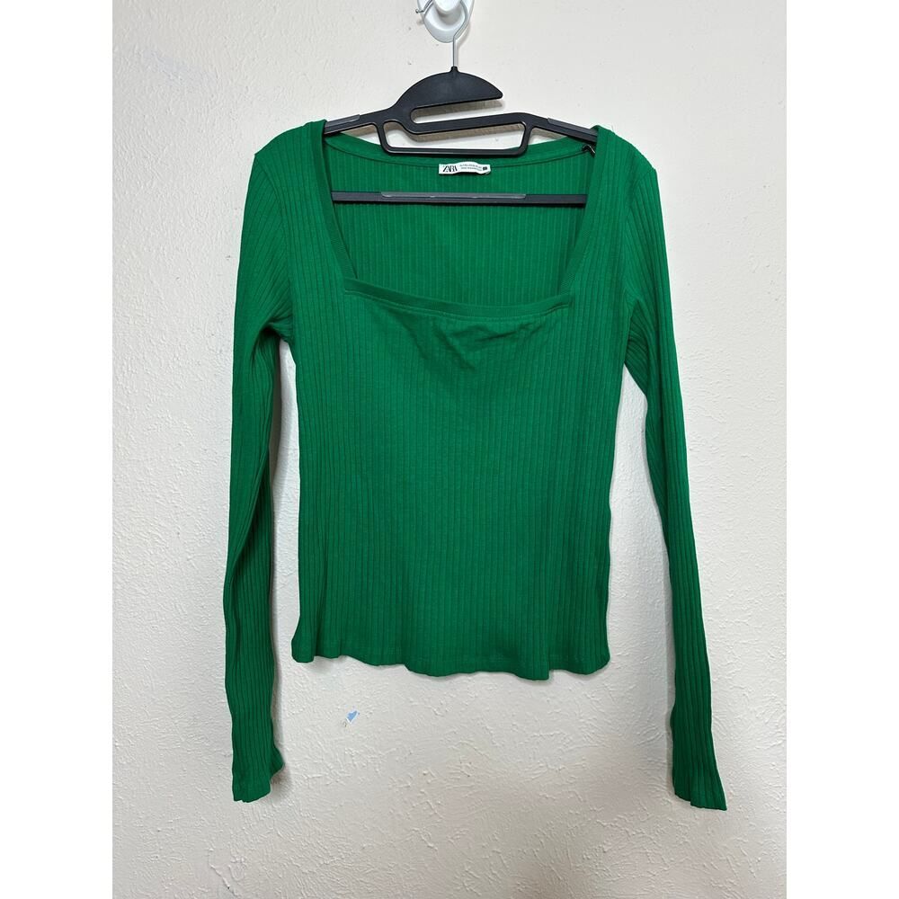 Zara Woman's Size XL Kelly Green Square Neck Ribbed Henley Long Sleeve Top